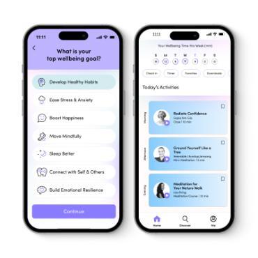 Screenshort of wellbeing goals and activities from Roundglass App