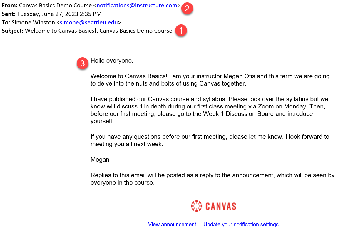 Screenshot of Canvas Announcements Email
