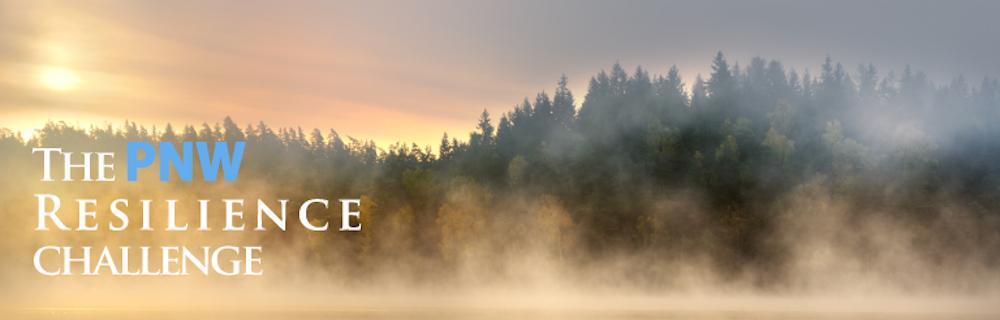 PNW Challenge Banner: Trees with fog and the text: Pacific Northwest Challenge