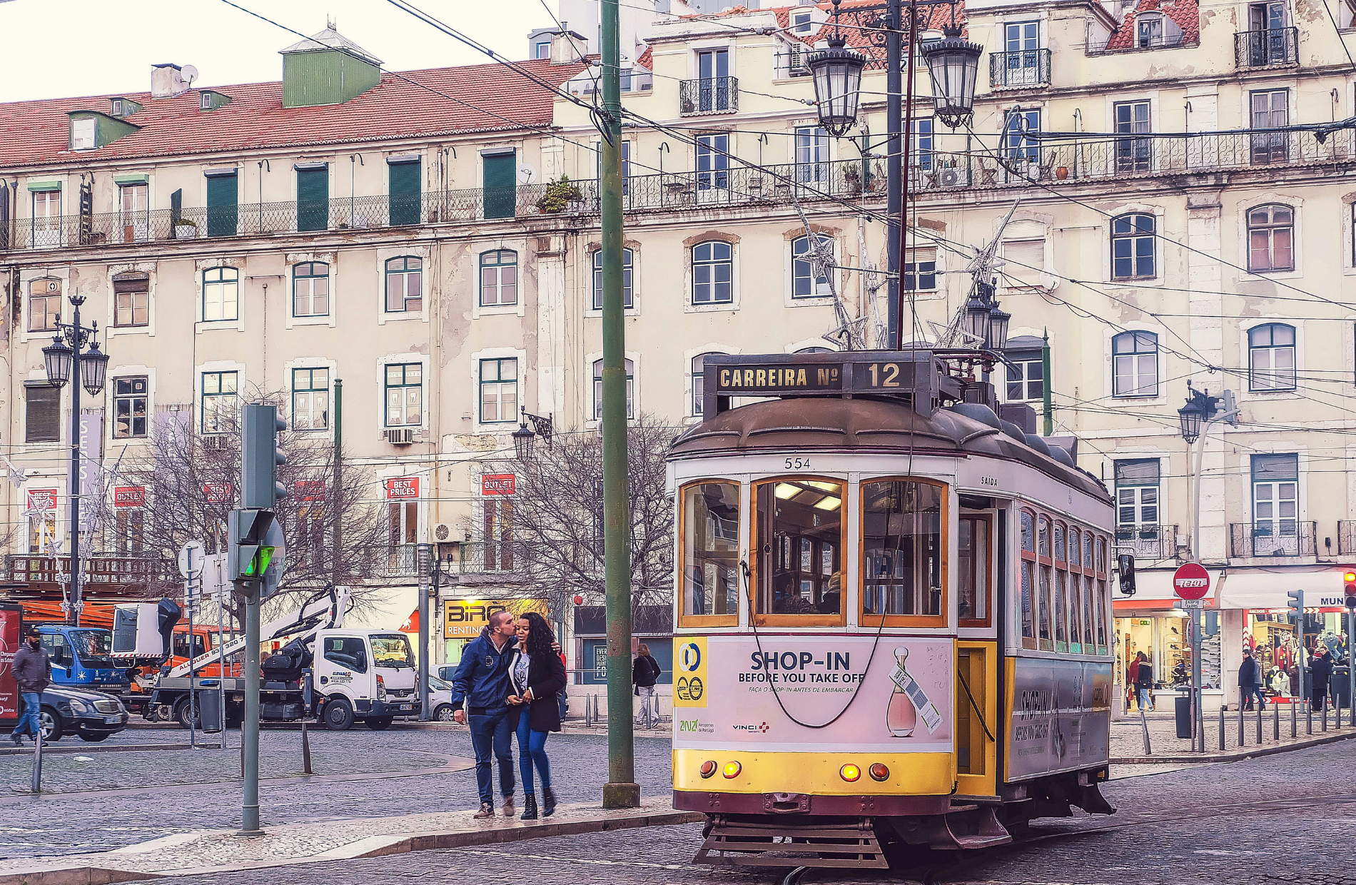 streetcar in a city plaza