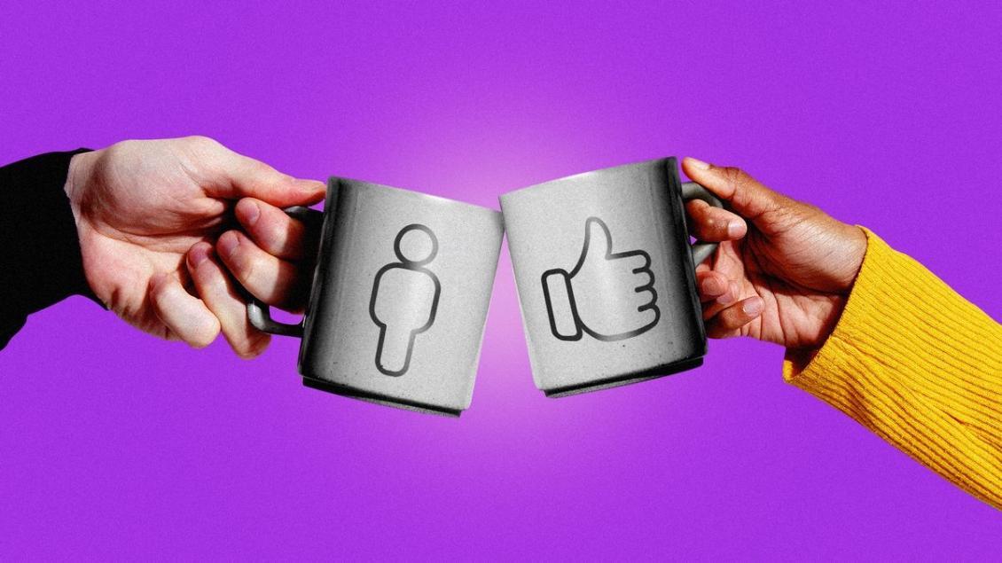 Two people clinking mugs