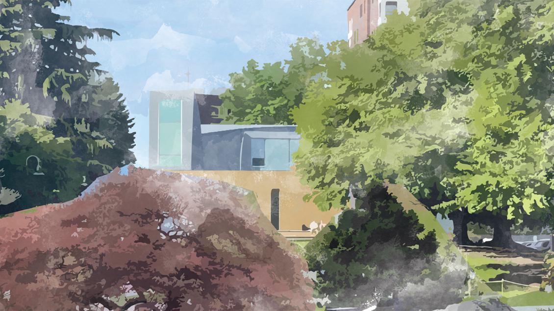 An artist's graphic image of a garden on the Seattle U campus