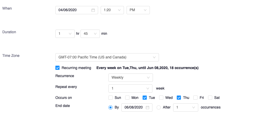 Screenshot of Recurring meeting options in Zoom