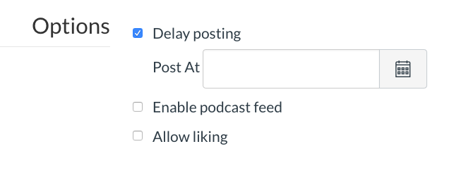 Screenshot showing the delay posting check box under Options for announcements in Canvas
