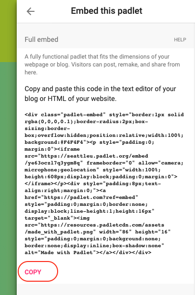 Screenshot showing how to copy the Padlet embed code
