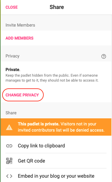 Padlet's default privacy settings highlighting Change Privacy link