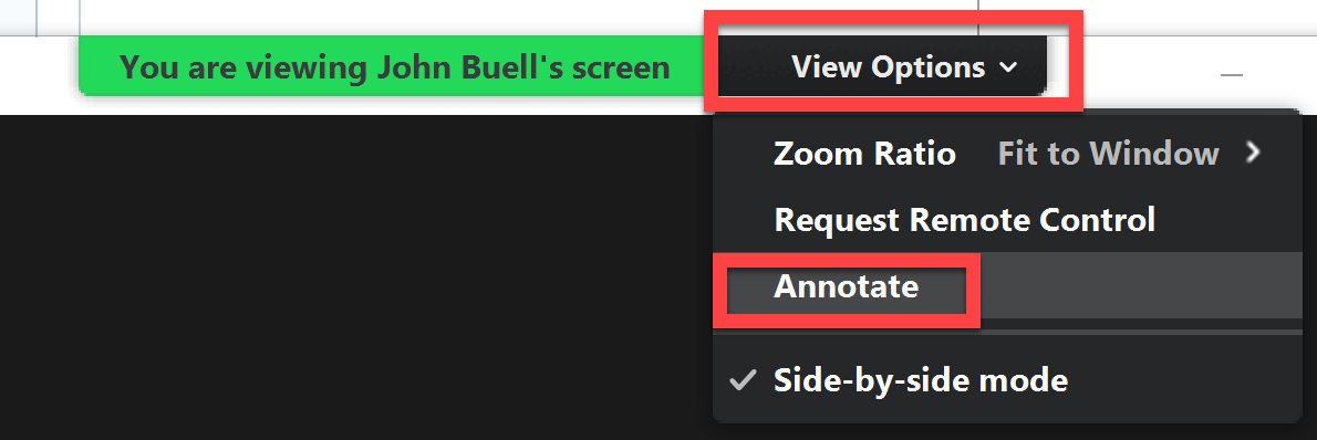 Screenshot of how to annotate on someone else's shared screen