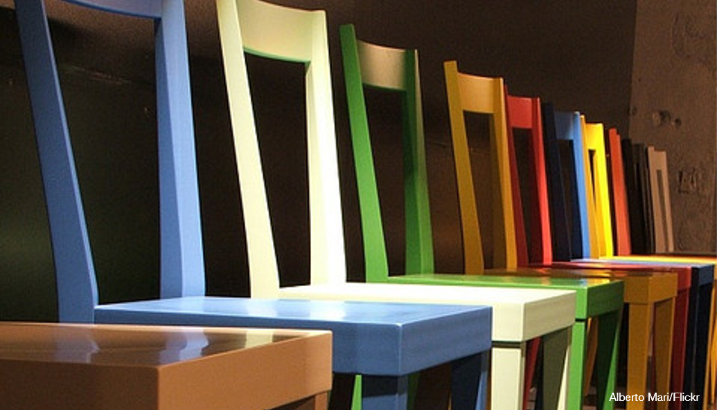 Row of chairs in different colors