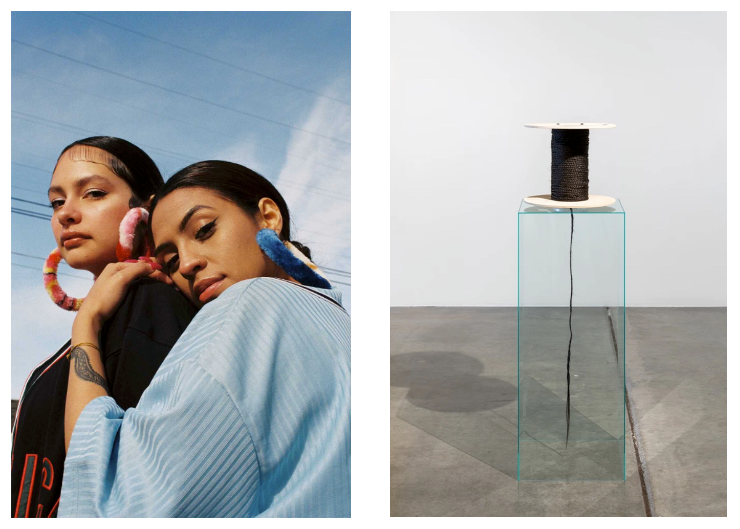 Two women beneath sky and roll of twine in museum