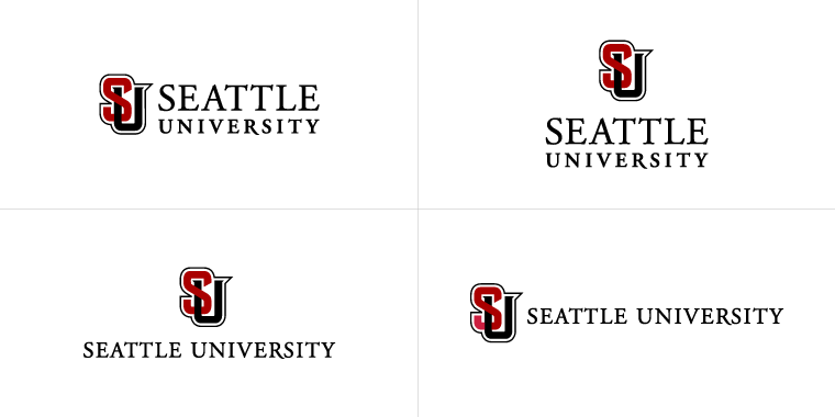 four variations of the SU interlock and wordmark logo lockup