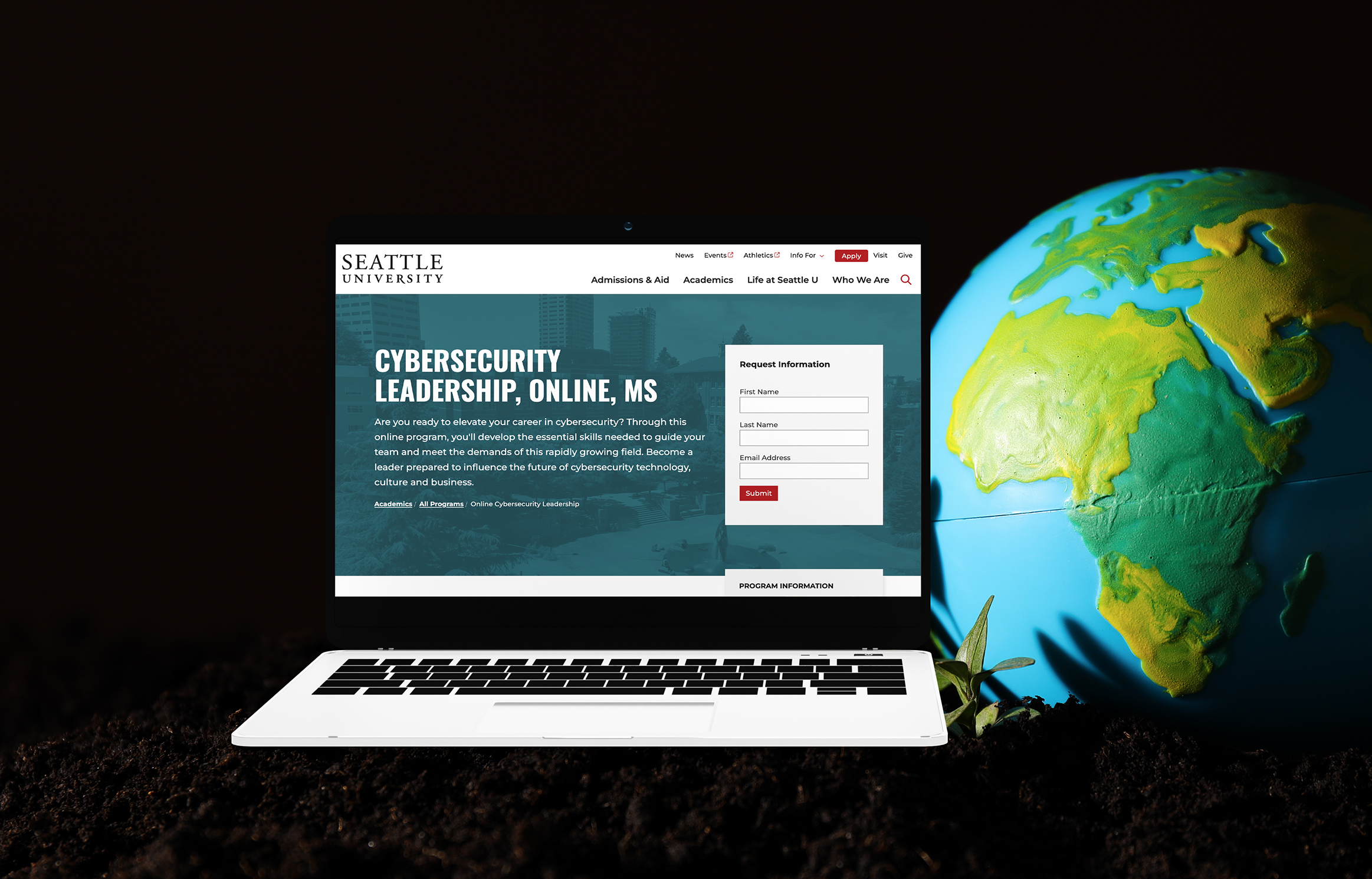 A photo of a laptop with the Seattle University online program for Cybersecurity Leadership collaged next to an image of the earth