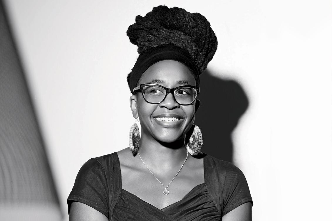 Headshot image of Nnedi Okorafor in black and white.